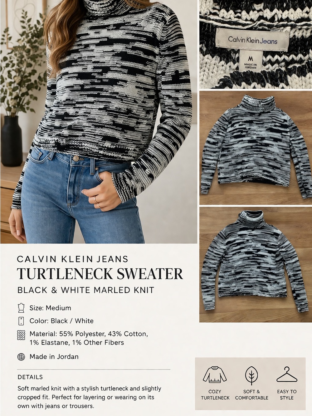 Calvin Klein Jeans Black & White Marled Turtleneck Sweater Size M